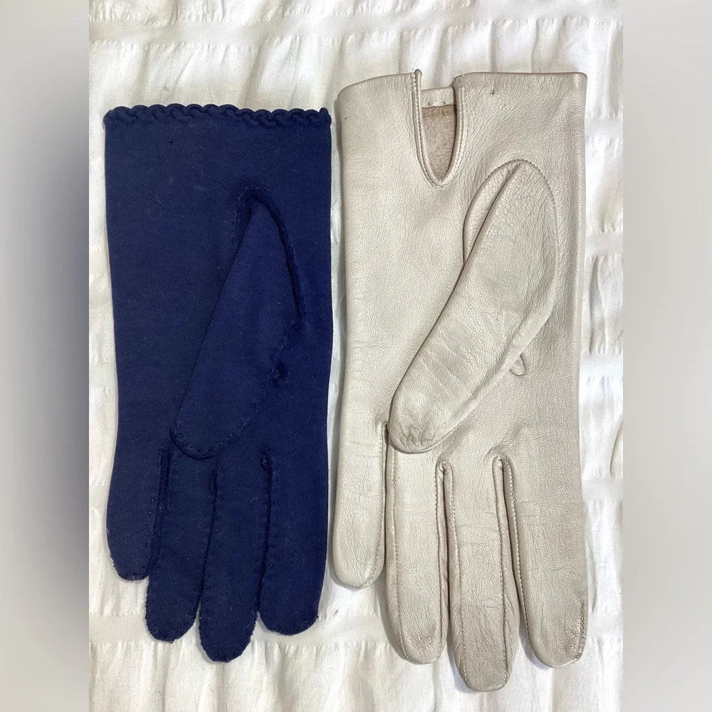 Womens Vtg Set Of Gloves Small Eyelet Cutout Leather & French Knot Fabric